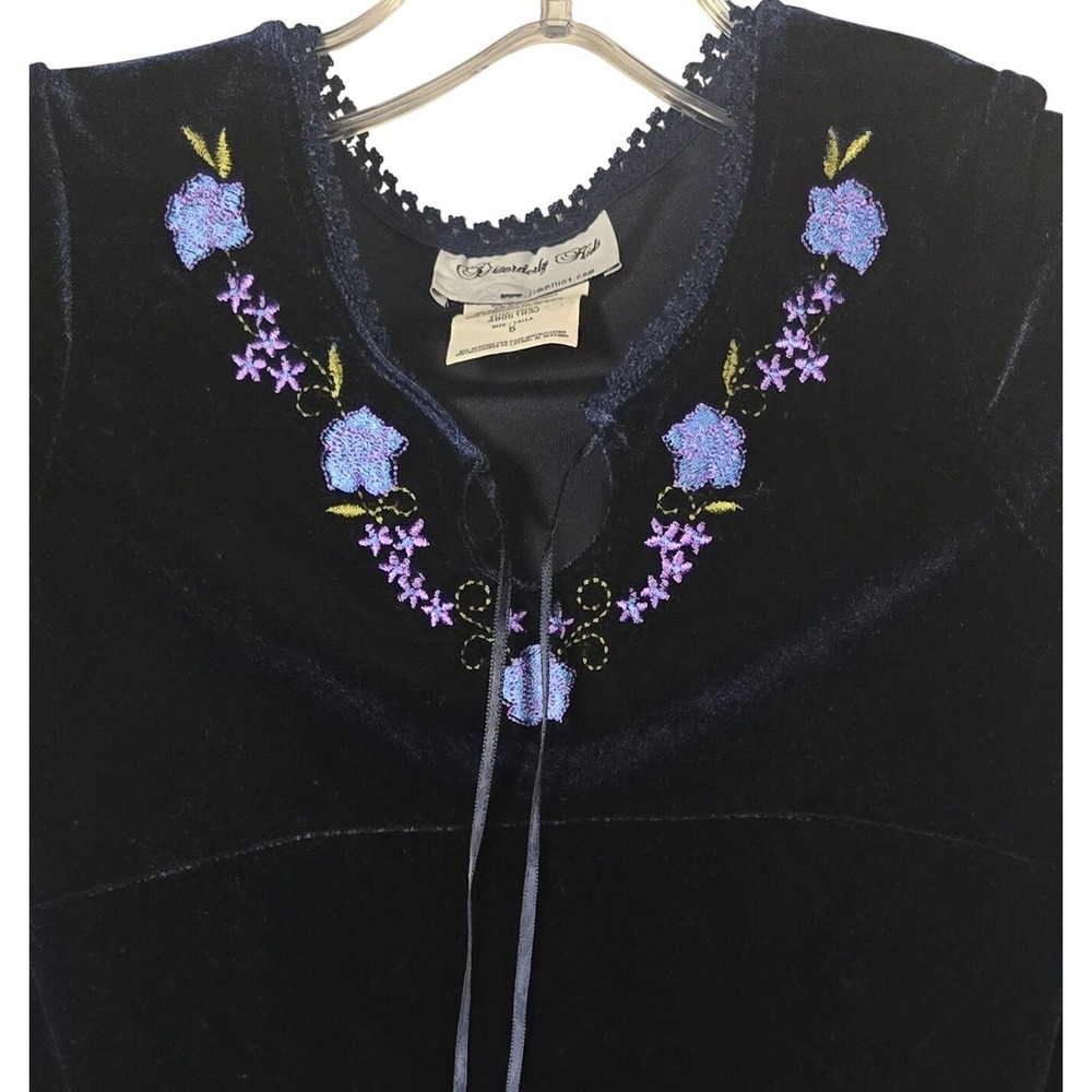 Disorderly Kids Velvet Dress Floral Embroidery‎ Lace Up Neck Blue Size 5